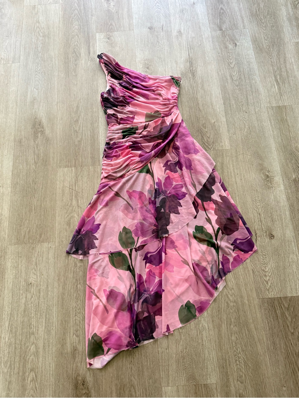 Hutch Fabian Pink & Purple Floral One Shoulder Asymmetric Draped Maxi Dress